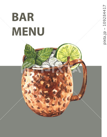 Watercolor moscow mule cocktail with lime and mint leaves ice, in a copper mug. Hand-drawn illustration isolated on white background.Perfect for recipe lists with alcoholic drinks, brochures for cafe Watercolor moscow mule cocktail with lime and mint leaves ice, in a copper mug. Hand-drawn illustration isolated on white background.Perfect for recipe lists with alcoholic drinks, brochures for cafe 109284417