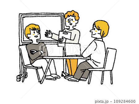 会話をして仕事を進めるビジネスチームのイラスト　コミカルな手書きの人物　ベクター、線画にカラー 109284600