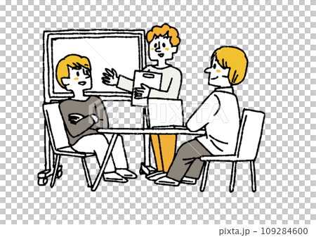 会話をして仕事を進めるビジネスチームのイラスト　コミカルな手書きの人物　ベクター、線画にカラー 109284600