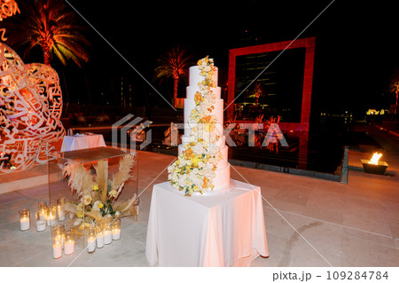 Large wedding cake decorated with flowers stands on the shore of the pool in the night light Large wedding cake decorated with flowers stands on the shore of the pool in the night light 109284784