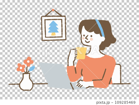 コーヒーを飲みながら仕事をしている女性_色 コーヒーを飲みながら仕事をしている女性_色 109285469