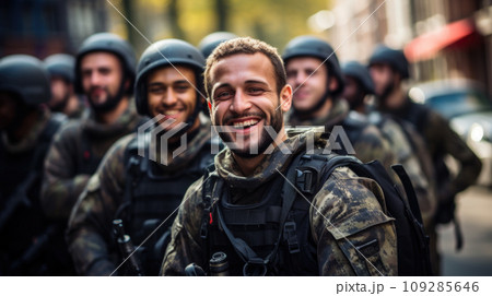 Smiling soldiers look at camera, happy faces of men in modern uniform in summer. Portrait of group of military male in Middle East. Concept of war, army, young people, Israel, 109285646