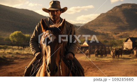 Cowboy riding horse like in western movie, man rancher wearing hats and vintage clothes near ranch. Concept of wild west, farm, outlaw, people, character, country 109285660