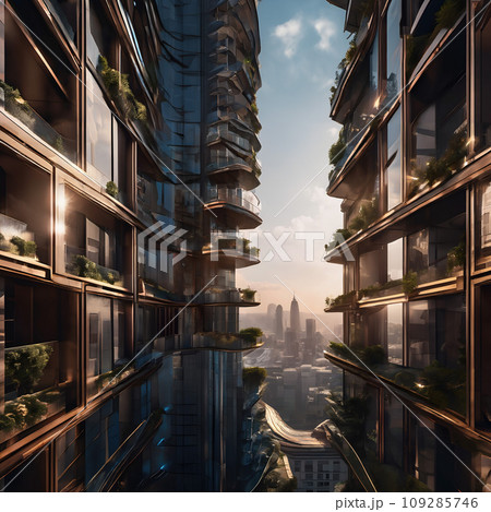 Tall buildings with balconies and plants. 109285746