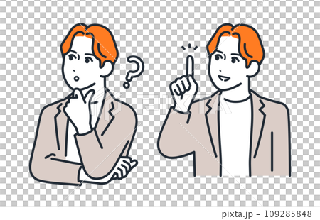 A simple vector illustration set of a young man wearing a casual suit with a thinking expression and an inspired expression. 109285848