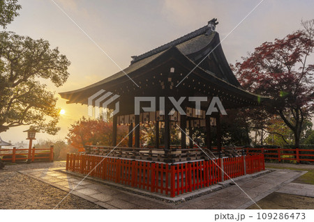 秋の京都船岡山 朝日を浴びる建勲神社の拝殿 秋の京都船岡山 朝日を浴びる建勲神社の拝殿 109286473