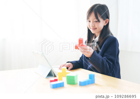 ブロックでプログラムを勉強する女の子 109286695