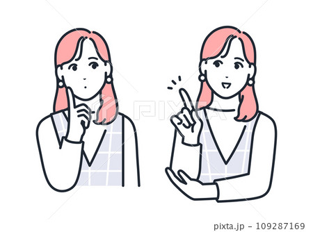 指差しで考えるおしゃれな若い女性のシンプルなベクターイラストセット素材 指差しで考えるおしゃれな若い女性のシンプルなベクターイラストセット素材 109287169