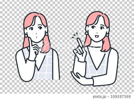 Simple vector illustration set material of a stylish young woman thinking by pointing 109287169