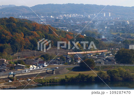 高梁川の紅葉と伯備線特急やくも号（381系国鉄色：岡山⇔出雲市） 109287470