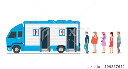 People waiting in row of portable toilets. 109287632