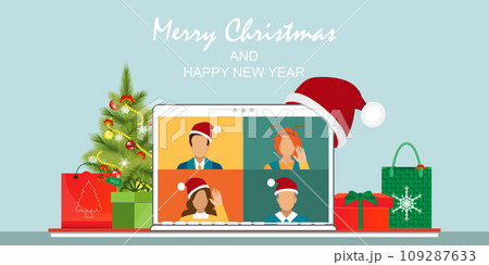 People meeting together online via video calling on laptop. People meeting together online via video calling on laptop. 109287633