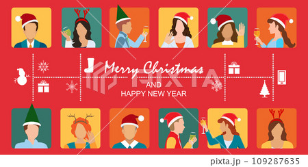 Group of people celebrating christmas together on video conference. Group of people celebrating christmas together on video conference. 109287635