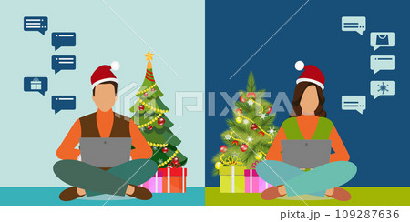 Couple celebrating christmas together on video conference. Couple celebrating christmas together on video conference. 109287636