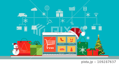 Christmas online shopping with laptop. Christmas online shopping with laptop. 109287637