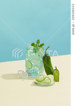 The background is divided into two colors blue and white. Concept of fitness diet and healthy eating. Health and beauty theme. 109288332