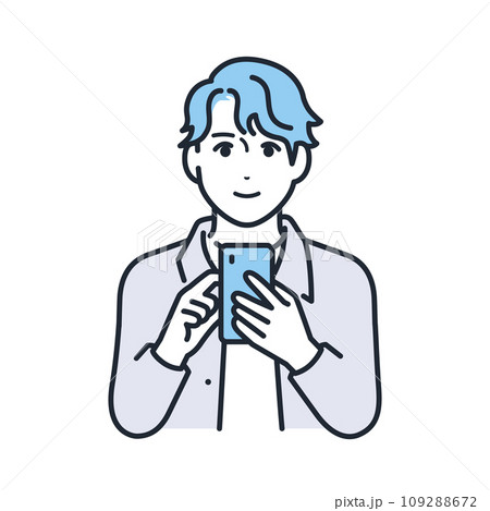 笑顔でスマホを見るカジュアルな服装の若い男性のシンプルなベクターイラスト素材 109288672