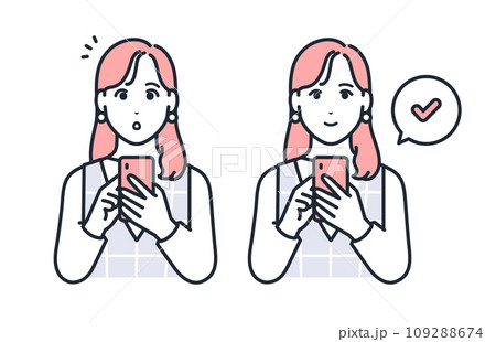 スマホを操作するおしゃれな若い女性のシンプルなベクターイラストセット素材 スマホを操作するおしゃれな若い女性のシンプルなベクターイラストセット素材 109288674