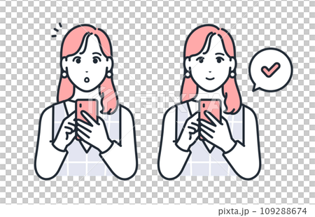 スマホを操作するおしゃれな若い女性のシンプルなベクターイラストセット素材 スマホを操作するおしゃれな若い女性のシンプルなベクターイラストセット素材 109288674