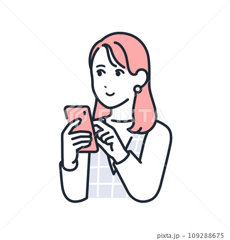 笑顔でスマホを操作するおしゃれな若い女性のシンプルなベクターイラスト素材 笑顔でスマホを操作するおしゃれな若い女性のシンプルなベクターイラスト素材 109288675