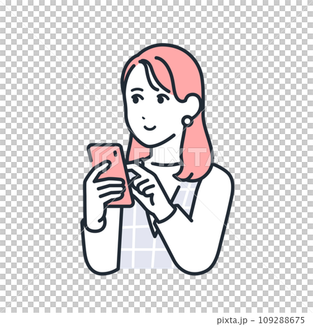 一位時尚的年輕女性微笑著操作智慧型手機的簡單向量圖解 一位時尚的年輕女性微笑著操作智慧型手機的簡單向量圖解 109288675