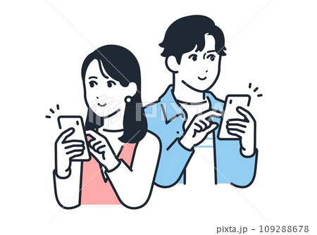笑顔でスマートフォンを操作する若いカップルのシンプルなベクターイラスト素材 109288678