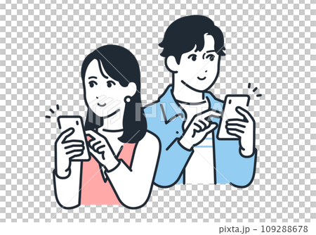 笑顔でスマートフォンを操作する若いカップルのシンプルなベクターイラスト素材 109288678