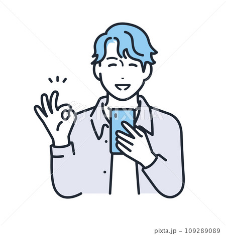 スマホを持ってOKサインをするカジュアルな服装の若い男性のシンプルなベクターイラスト素材 109289089