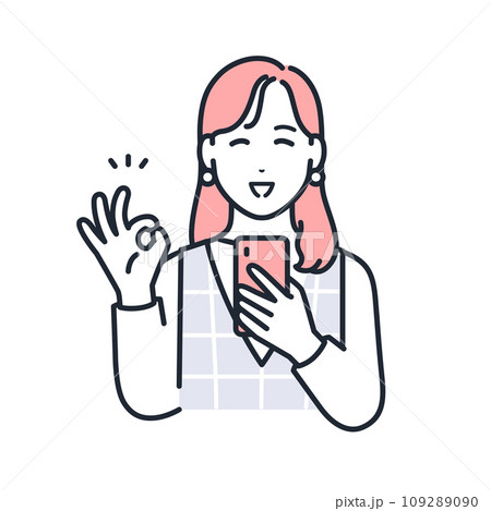 スマートフォンを持ってOKサインをするおしゃれな若い女性のシンプルなベクターイラスト素材 109289090