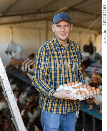 Successful poultry farm owner holding carton tray of eggs in chicken coop Successful poultry farm owner holding carton tray of eggs in chicken coop 109289165
