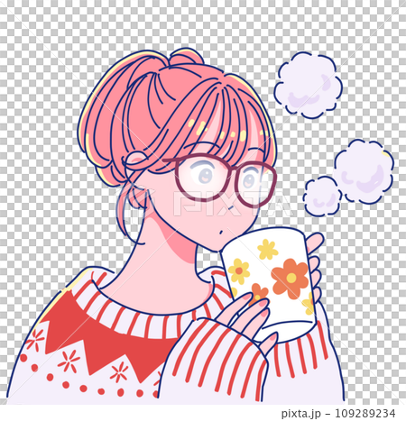 A girl whose glasses fog up from the steam from a hot drink 109289234