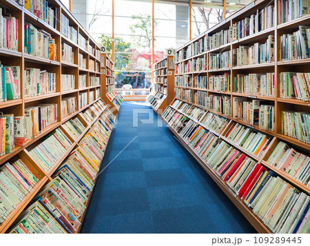 図書館イメージ　整然と並ぶ書架 109289445