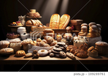 Various baked goods on a dark background. Generative AI Various baked goods on a dark background. Generative AI 109289761