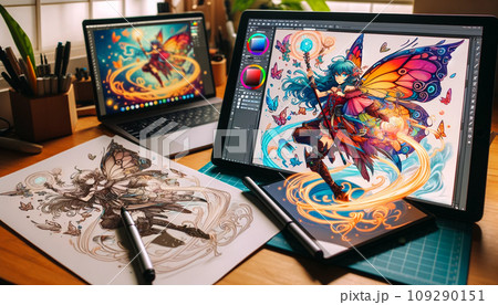 アニメのイラストをPCと手書きで描いている人物 アニメのイラストをPCと手書きで描いている人物 109290151