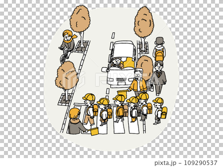 横断歩道で子供達を渡らせる地域員のイラストコミカルな手書きの人物　ベクター、線画にカラー 109290537