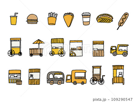 キッチンカーや売店と軽食のイラストセット　コミカルな手書きの人物　ベクター、線画にカラー 109290547