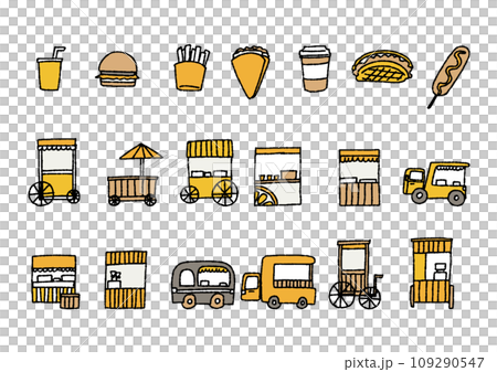 廚房車、商店和小吃的插圖集。滑稽的手繪人物。向量，彩色線條圖。 109290547
