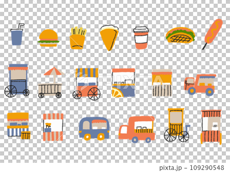 Illustration set of kitchen cars, shops, and snacks. Comical hand-drawn characters. Vector, color line drawing. 109290548
