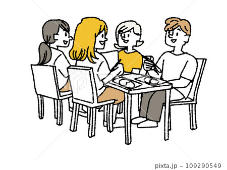 学食で食事をしている学生たちのイラスト　コミカルな手書きの人物　ベクター、線画にカラー 109290549