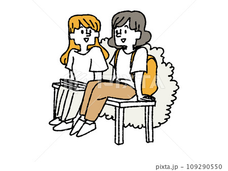 交流している学生たちのイラスト　コミカルな手書きの人物　ベクター、線画にカラー 109290550