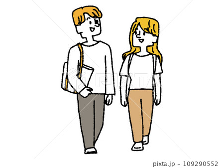 二人並んで歩いている学生のイラスト コミカルな手書きの人物 ベクター、線画にカラー 二人並んで歩いている学生のイラスト コミカルな手書きの人物 ベクター、線画にカラー 109290552