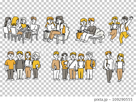 キャンパスライフのイラストセット　コミカルな手書きの人物　ベクター、線画にカラー 109290555