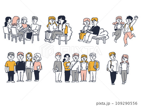 キャンパスライフのイラストセット　コミカルな手書きの人物　ベクター、線画にカラー 109290556