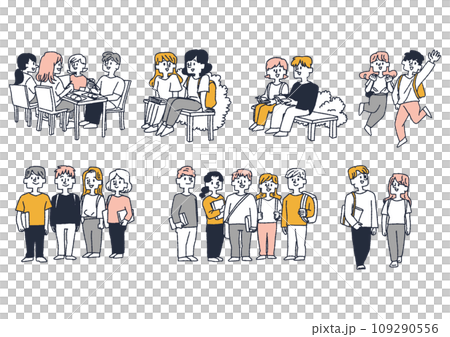 キャンパスライフのイラストセット　コミカルな手書きの人物　ベクター、線画にカラー 109290556