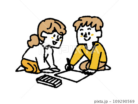 二人でお絵描きをしている子供たちのイラスト　コミカルな手書きの人物　ベクター、線画にカラー 109290569