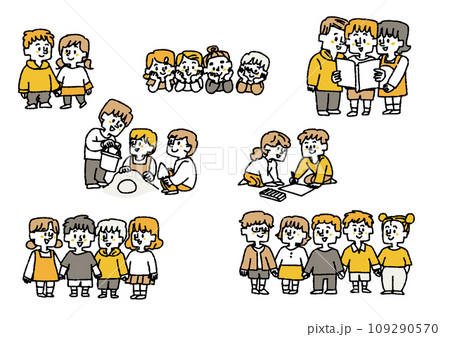 お友達と仲良く遊んでいる子供達のイラストセット コミカルな手書きの人物 ベクター、線画にカラー お友達と仲良く遊んでいる子供達のイラストセット コミカルな手書きの人物 ベクター、線画にカラー 109290570