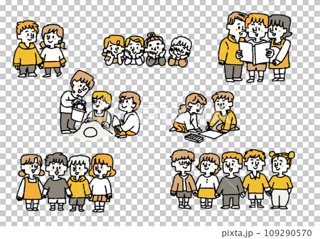 お友達と仲良く遊んでいる子供達のイラストセット コミカルな手書きの人物 ベクター、線画にカラー お友達と仲良く遊んでいる子供達のイラストセット コミカルな手書きの人物 ベクター、線画にカラー 109290570
