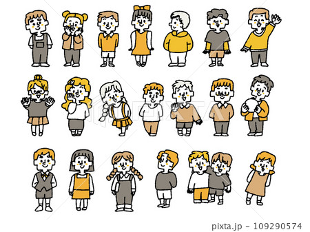 いろんな立っている子供達のイラストセット　コミカルな手書きの人物　ベクター、線画にカラー 109290574