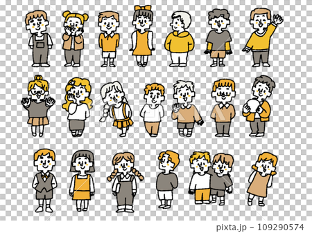 いろんな立っている子供達のイラストセット　コミカルな手書きの人物　ベクター、線画にカラー 109290574