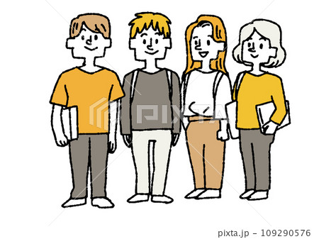 4人並んで立っている学生たちのイラスト コミカルな手書きの人物 ベクター、線画にカラー 4人並んで立っている学生たちのイラスト コミカルな手書きの人物 ベクター、線画にカラー 109290576
